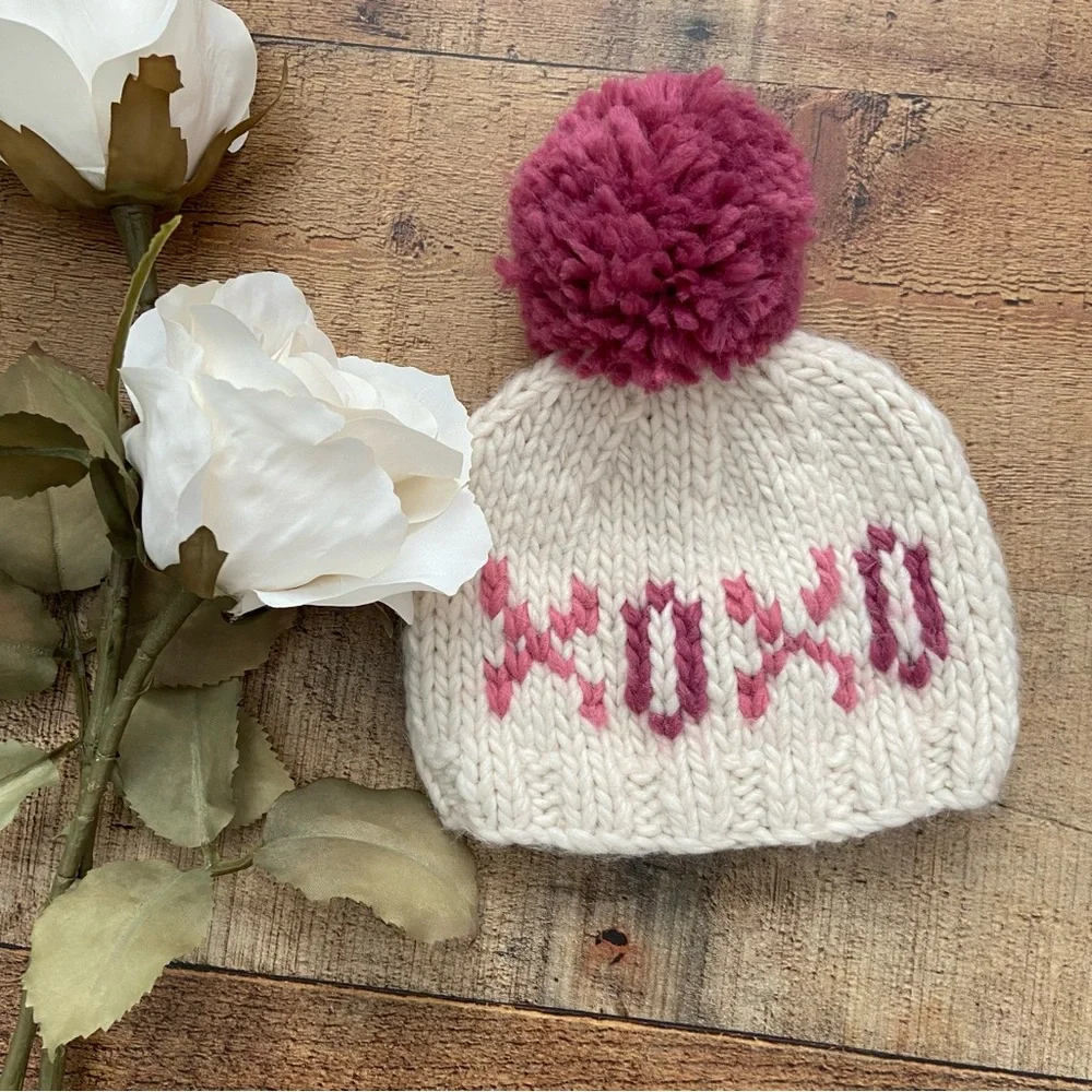 Beanie Hats (2) Hand Knit Cozy 2 HATS INFANT + Toddler Pom Pom Valentines Day